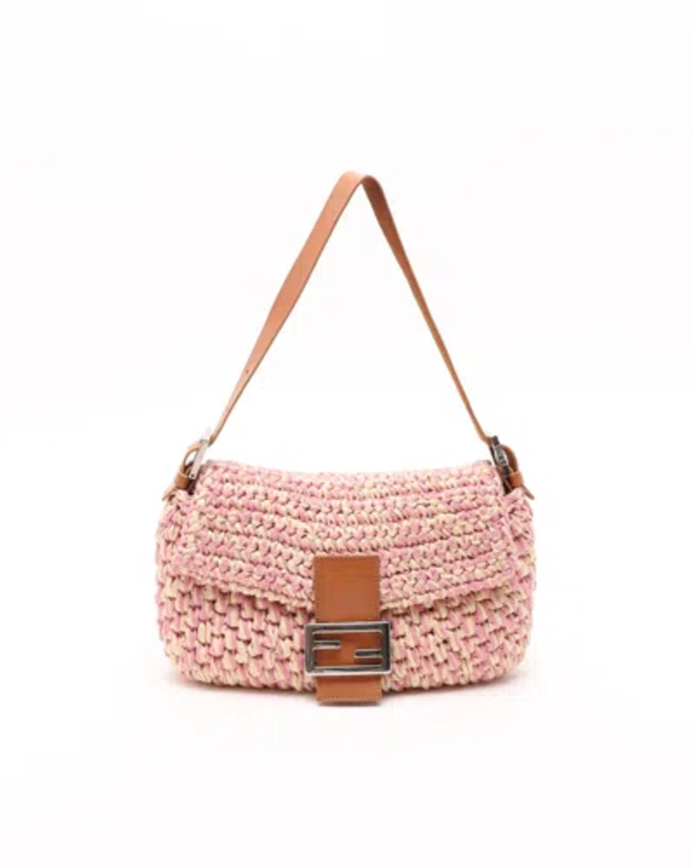 Fendi Pink Crochet Raffia Baguette Silver Hardware Leather Trim Authentic - Picture 1 of 10
